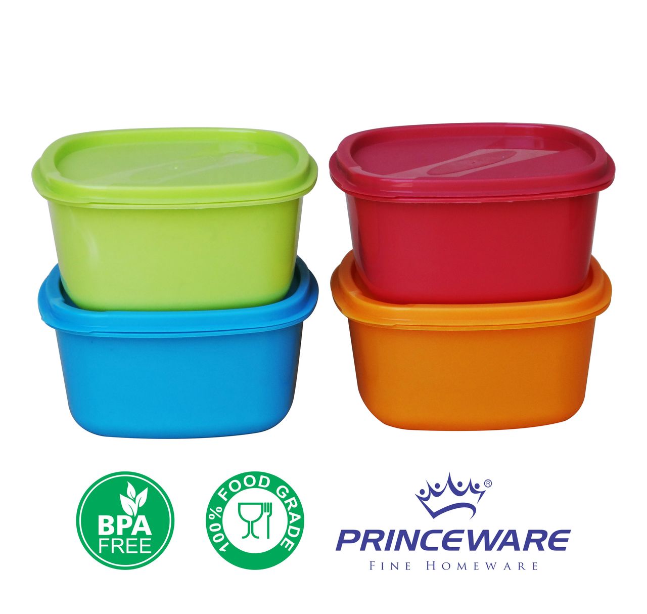 Princeware Store Fresh Square Container Set of 4 Pieces- 1125 ml Each Assorted Color