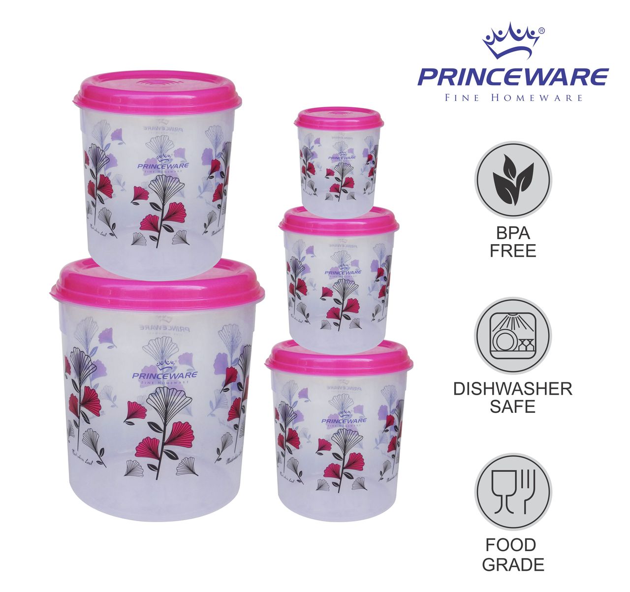 Princeware Classic Tall Aata/dal/rice Container Set of 5 | 800 ml+1.4 L+2.35 L + 4.05 L+7.l - Pink