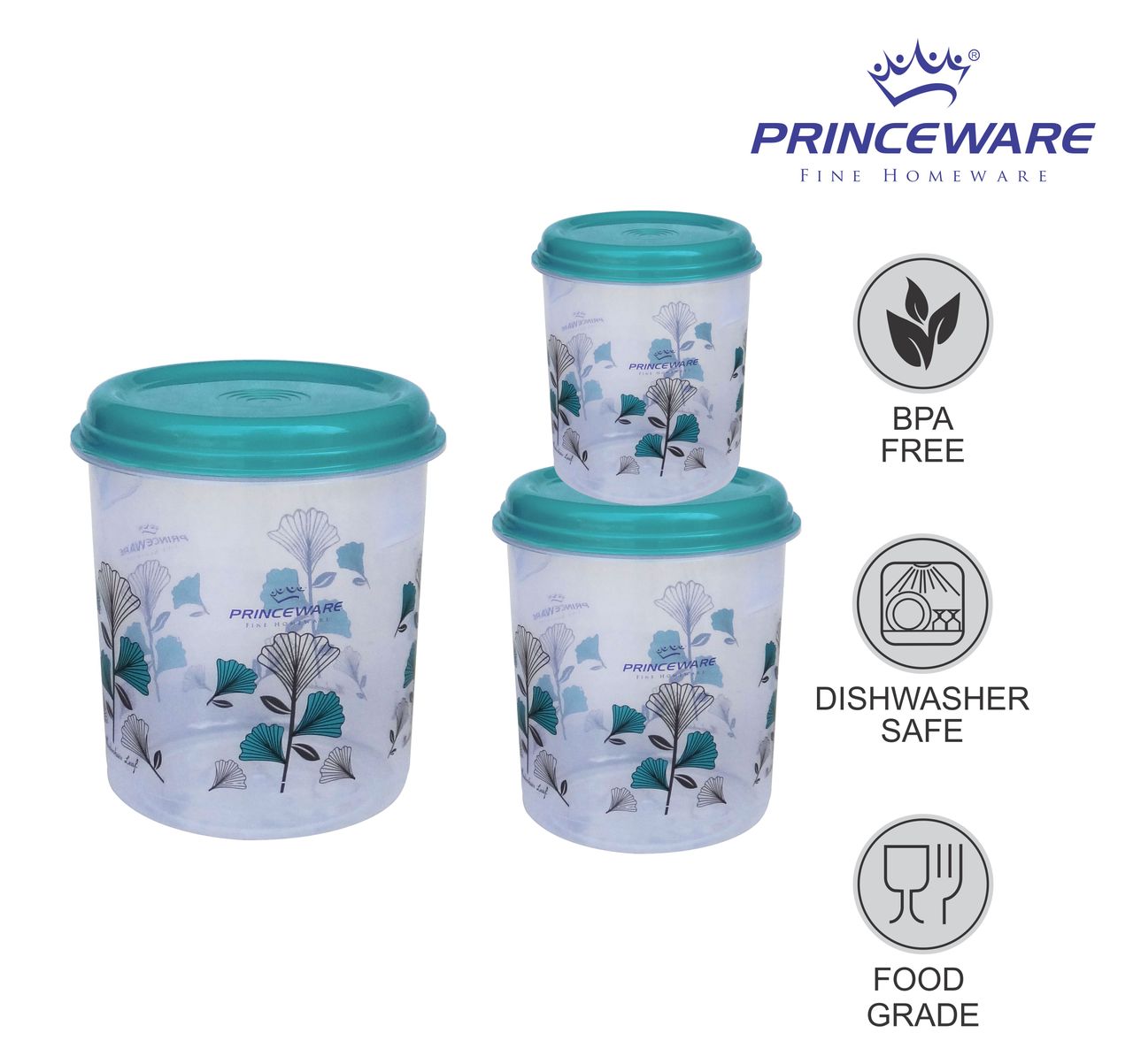 Princeware Classic Tall Aata/dal/rice Container Set of 3 | 4.05 L+7 L +12 L Printed-blue
