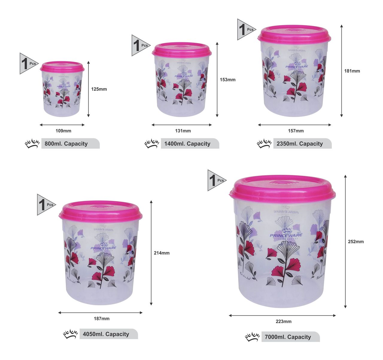 Princeware Classic Tall Aata/dal/rice Container Set of 5 | 800 ml+1.4 L+2.35 L + 4.05 L+7.l - Pink