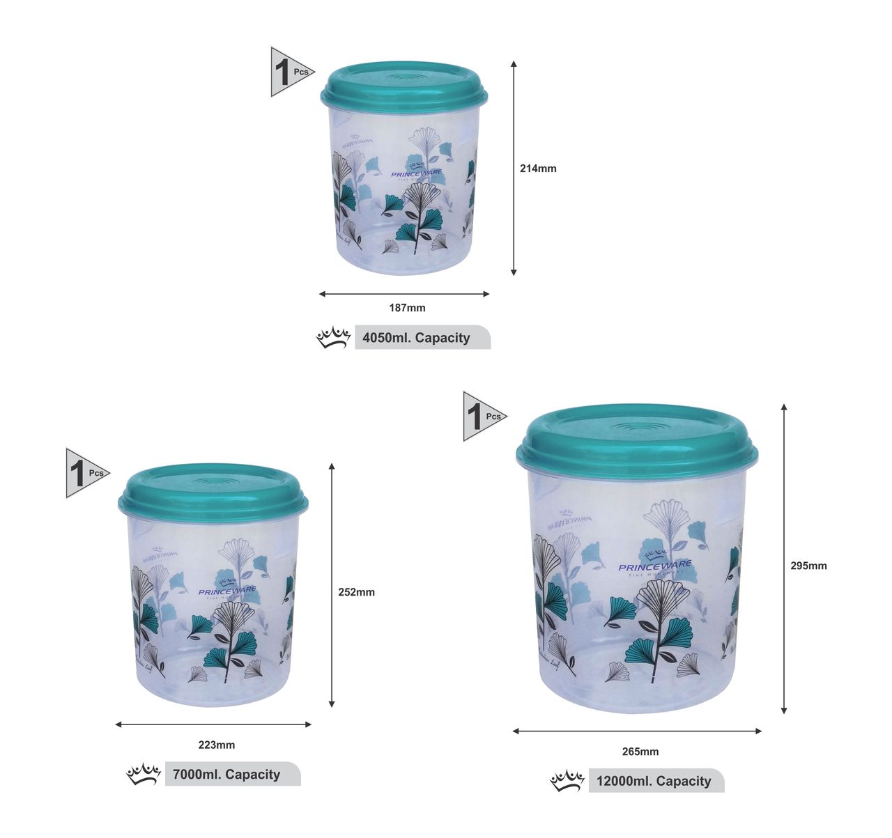 Princeware Classic Tall Aata/dal/rice Container Set of 3 | 4.05 L+7 L +12 L Printed-blue