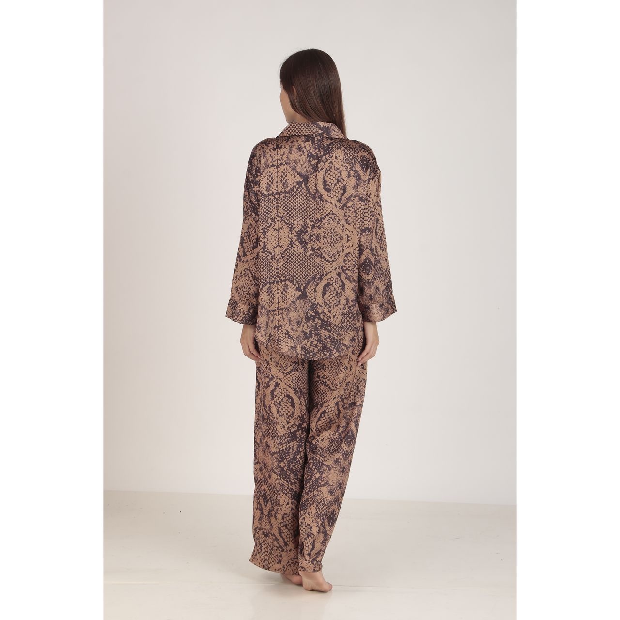 Masha Women's Snake Brown Oversized Satin Pajamas | Set | S