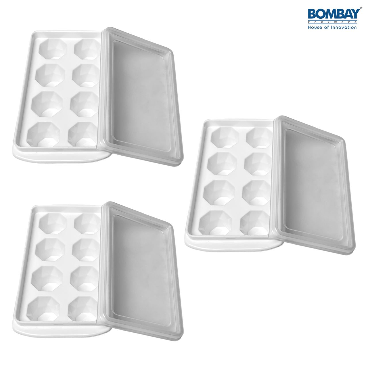 Ice Cube tray with Removable lid Plastic (Pack of 3) (White)