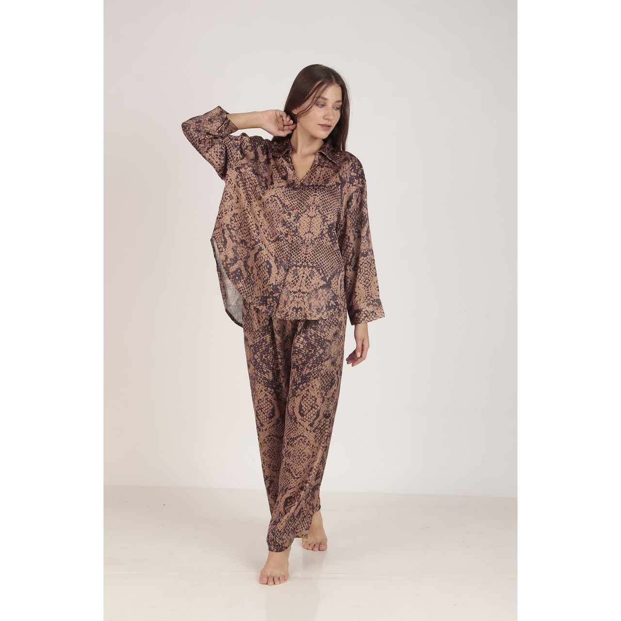 Masha Women's Snake Brown Oversized Satin Pajamas | Set | S