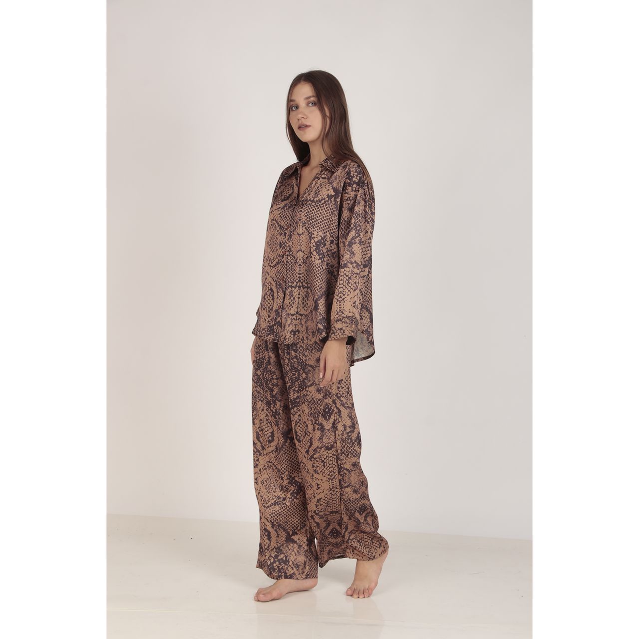 Masha Women's Snake Brown Oversized Satin Pajamas | Set | S