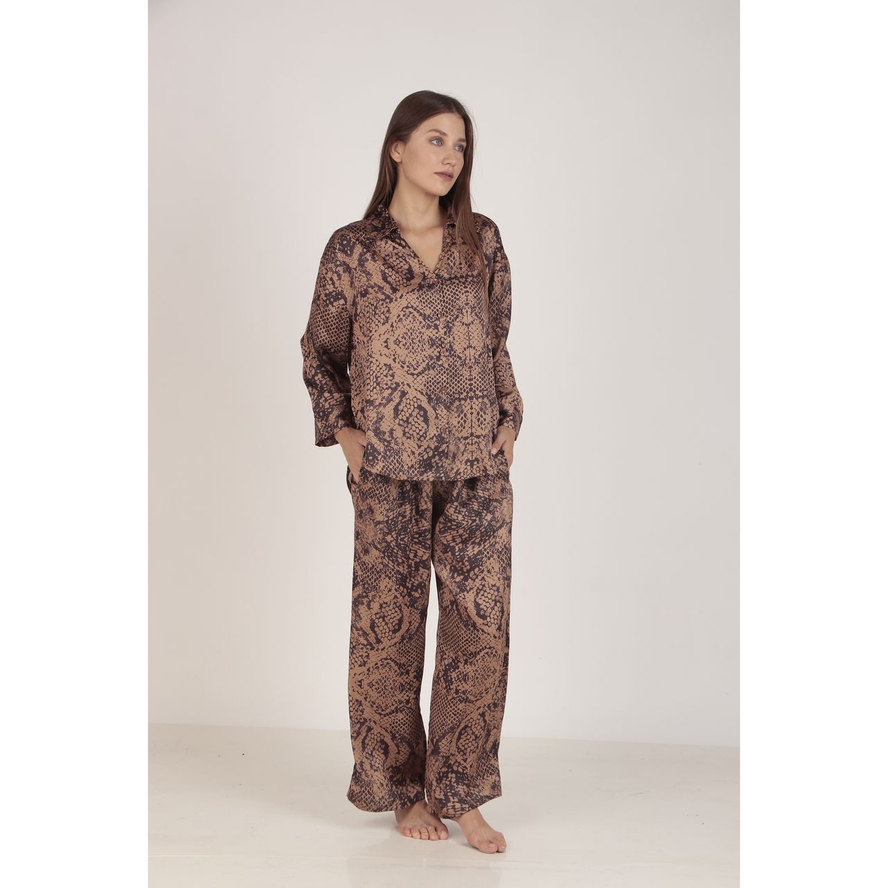 Masha Women's Snake Brown Oversized Satin Pajamas | Set | S