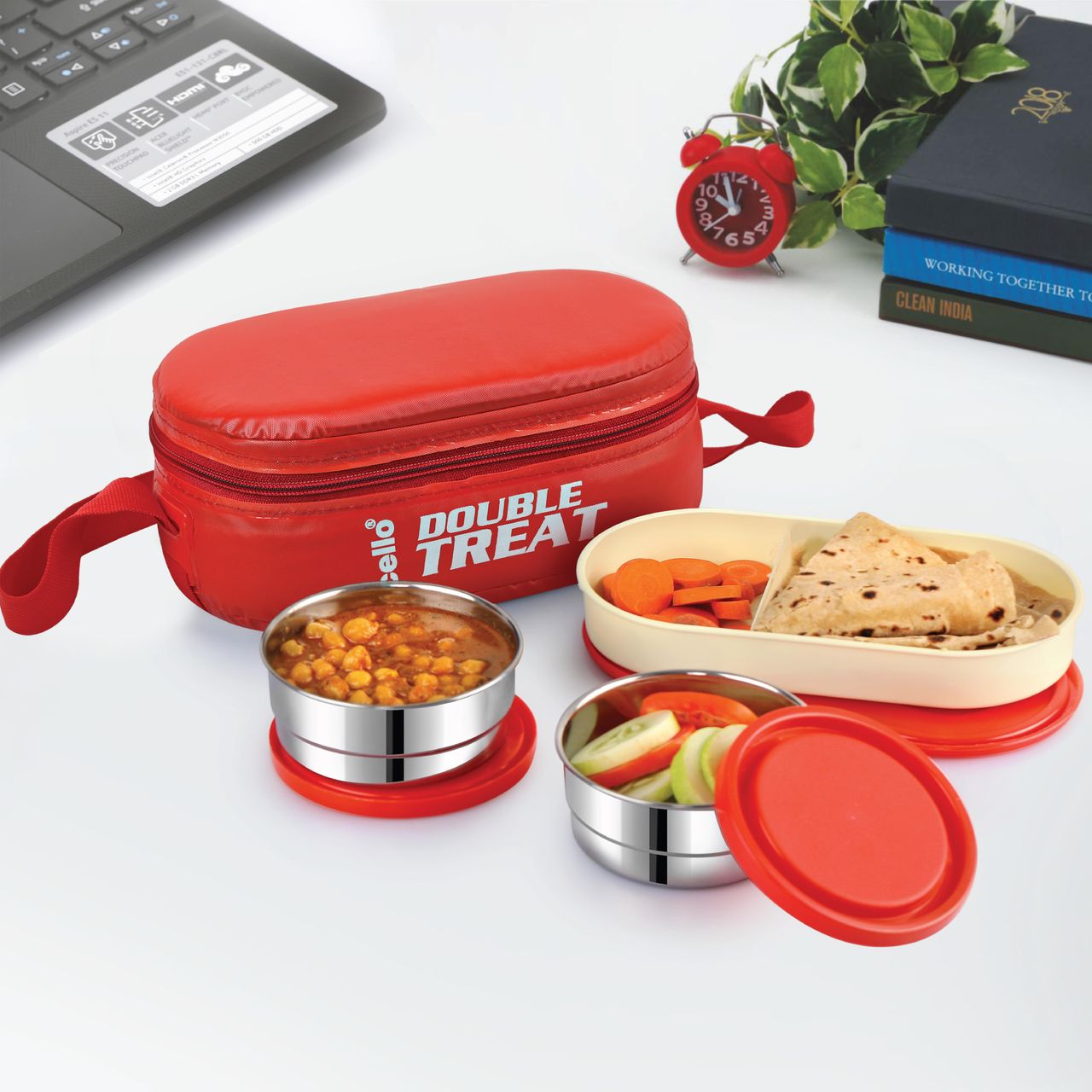 Cello Double Treat Lunch Box with Jacket (2 Unit Container - 300 ml, 1 Unit Oval Container) | Red