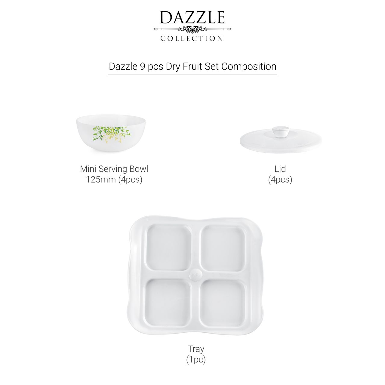 Cello Opalware Dazzle Series Green Orchard Dry Fruit Set | Set of 9