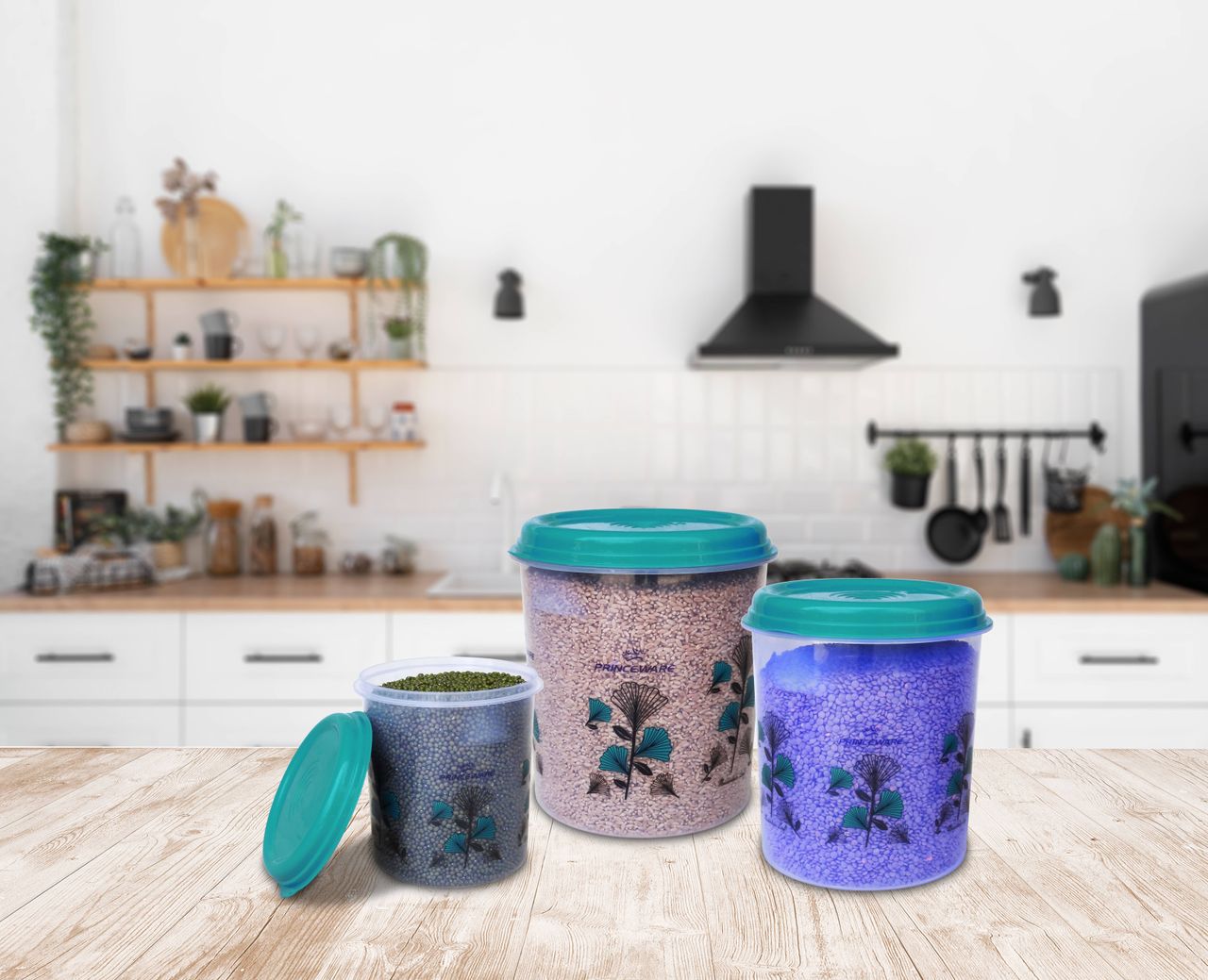 Princeware Classic Tall Aata/dal/rice Container Set of 3 | 4.05 L+7 L +12 L Printed-blue