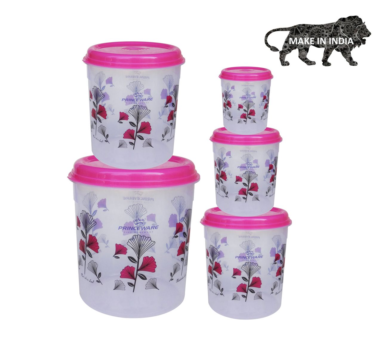 Princeware Classic Tall Aata/dal/rice Container Set of 5 | 800 ml+1.4 L+2.35 L + 4.05 L+7.l - Pink