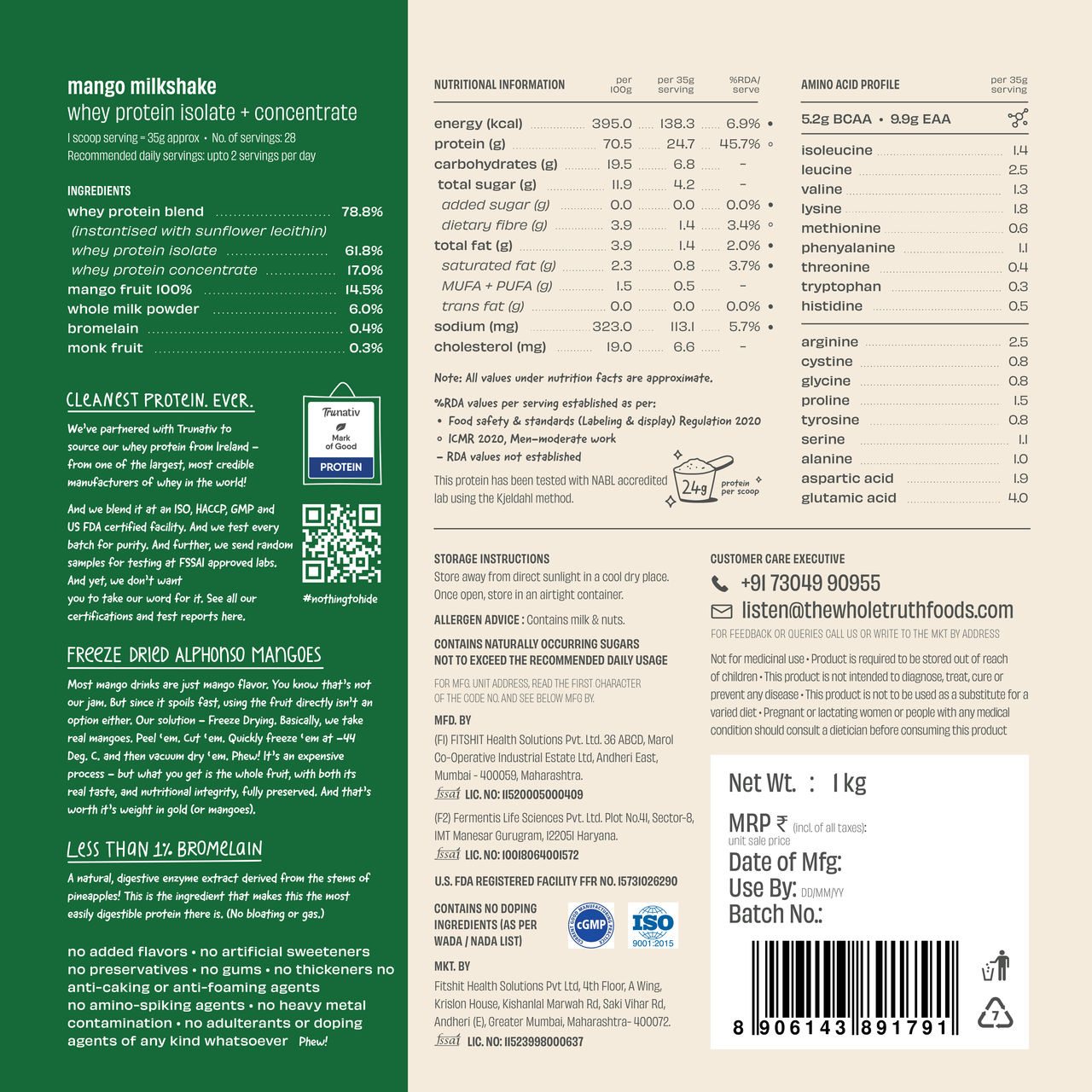 The Whole Truth Whey Protein Isolate+Concentrate Mango Milkshake I 24g Protein