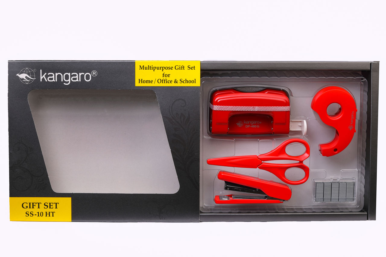 Kangaro Stationery Set Of Handy Stapler, Paper Punch, Scissors, Tape Dispenser & Staples Pin