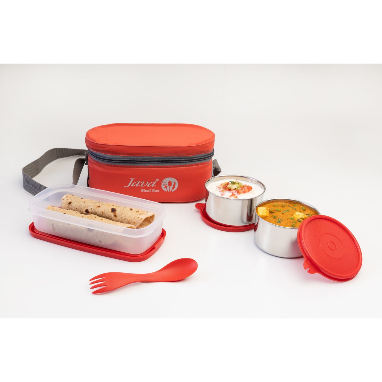 Java 3 Pcs Ss Double Decker Lunch Box With Carry Bag And Spoon (1U 400 ml, 2U 300 ml) - Red