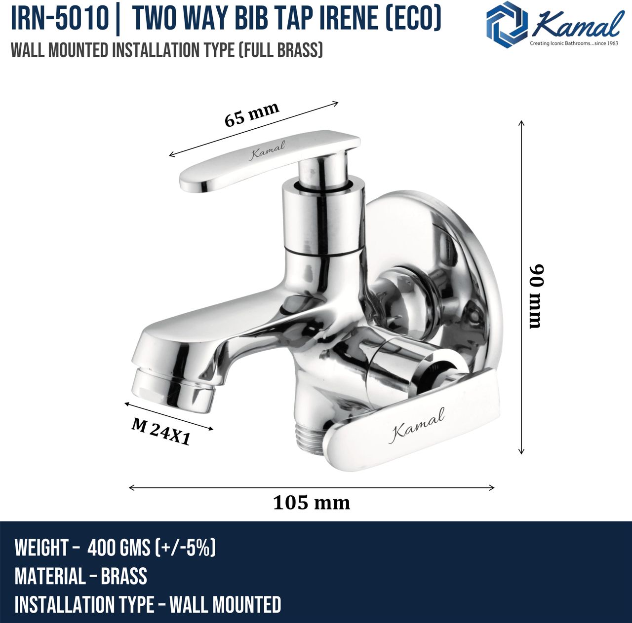 Kamal Two-Way Bib Tap Irene Elite | Aerator & Std 1/2 BSP for Health Faucet | 1/2 BSP Inlet