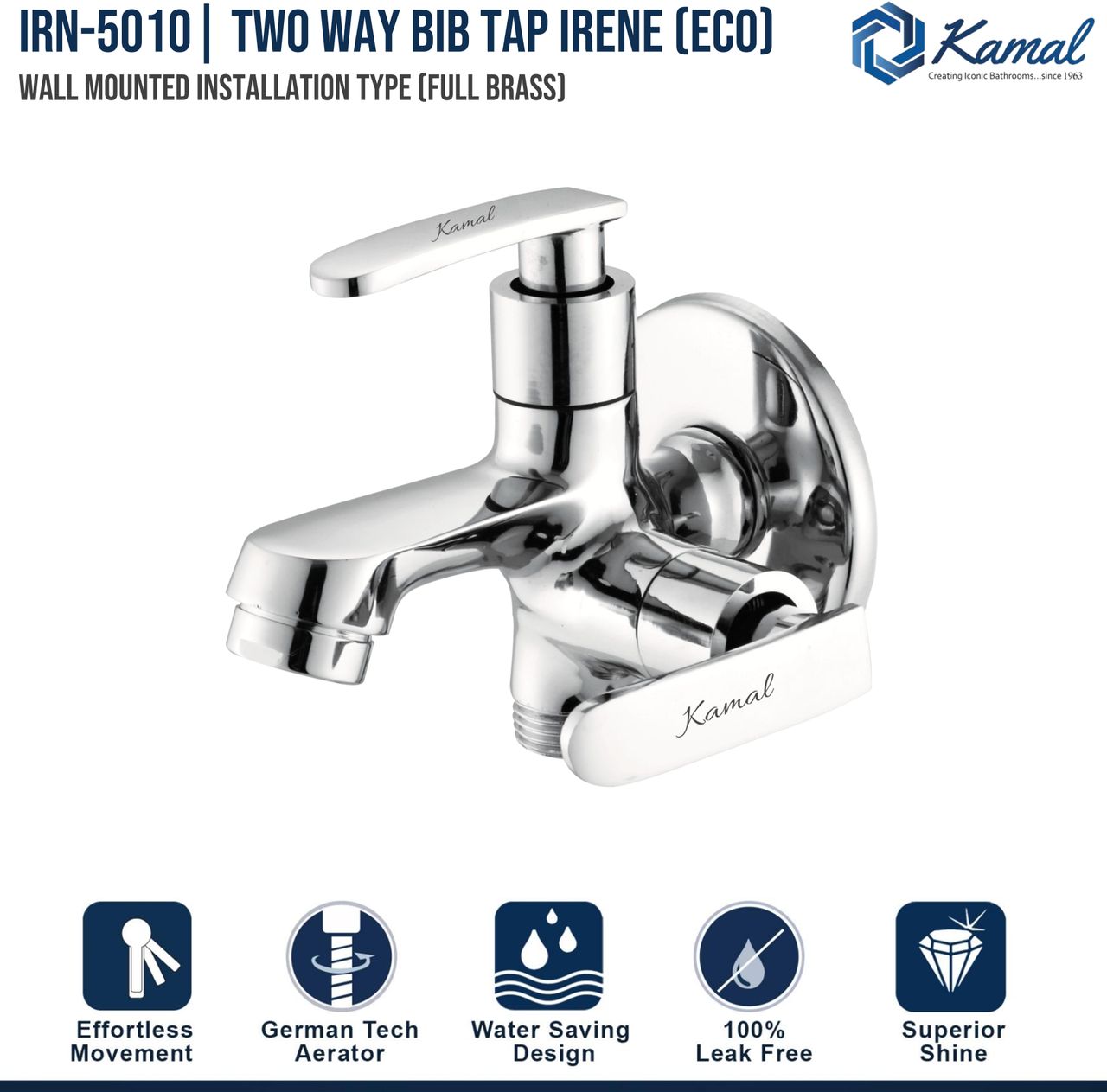 Kamal Two-Way Bib Tap Irene Elite | Aerator & Std 1/2 BSP for Health Faucet | 1/2 BSP Inlet