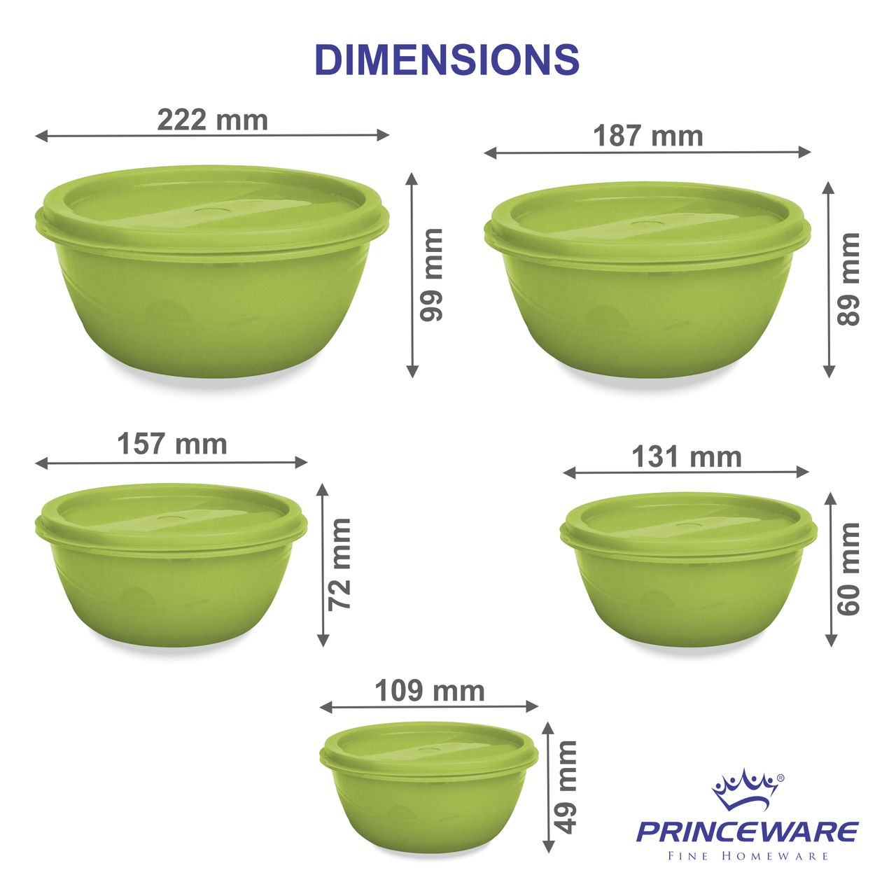 Princeware Store Fresh Bowl Container Set of 5 Pcs | 295 ml+525 ml+900 ml+1.6 L+ 2.6 L Green