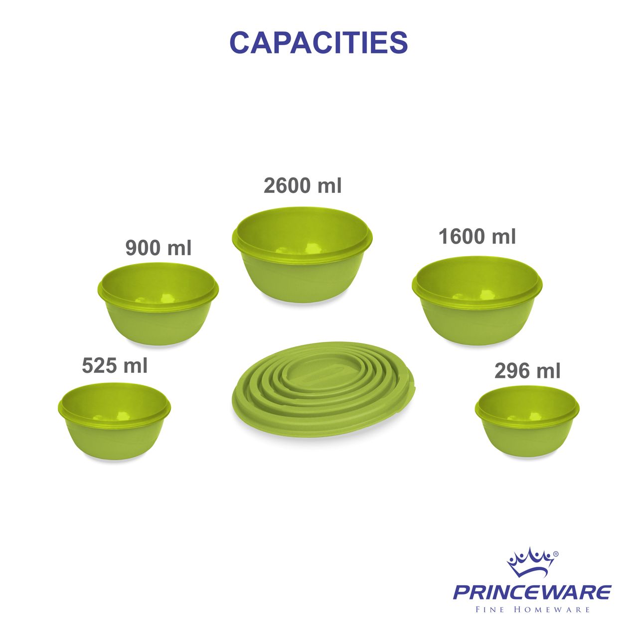 Princeware Store Fresh Bowl Container Set of 5 Pcs | 295 ml+525 ml+900 ml+1.6 L+ 2.6 L Green