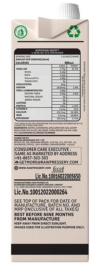 Raw Pressery Almond Milk -Unsweetend Tetrapack 1 l Combo
