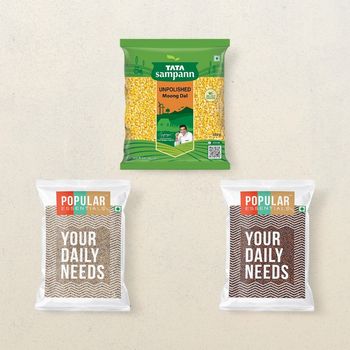 Popular Essentials Jeera/Cumin Seeds(100 gms), Popular Essentials Mustard Seeds Rai Small(100 gms) & Tata Sampann Unpolished Moong Dal(500 gms) Combo