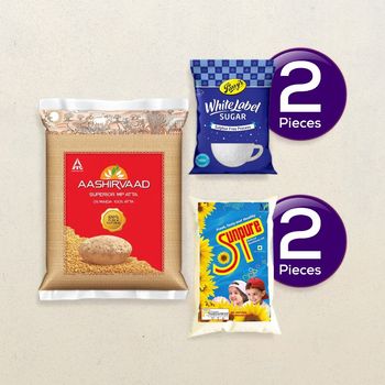 Aashirvaad Atta(10kg), Sunpure Refined Oil -Sunflower(1l) & Parrys White Label Sugar(1kg) Combo