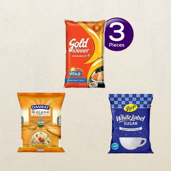 Gold Winner Refined Sunflower Oil (Pouch)(1 l), Daawat Rozana Super Basmati Rice(1 kg) & Parrys White Label Sugar(1 kg) Combo