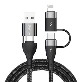 pTron Solero 4 in 1 USB Cable | 65W Type C to Type C | 60W USB to Type C | 30W Type C to iOS | 1m - Black