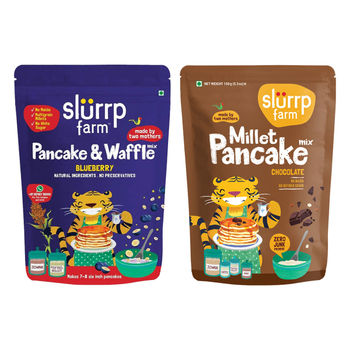 Slurrp Farm Millet Eggless Pancake Mix With Blueberries No Maida, Healthy Breakfast For Kids & Adults, 150 Gm(150gms) & Slurrp Farm Millet Eggless Pancake Mix With Chocolate No Maida, Healthy Breakfast For Kids & Adults, 150 Gm(150gms) Combo
