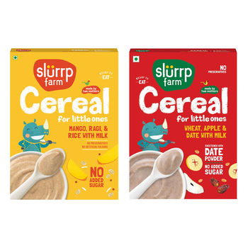 Slurrp Farm Cereal - Wheat Apple And Date With Milk | No Added Sugar | No Powder (1pc) & Slurrp Farm No Added Sugar Cereal - Ragi Rice And Mango With Milk | No Preservatives (200g) Combo