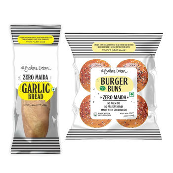 The Baker'S Dozen Zero Maida Garlic Bread No Palm Oil No Preservative 100% Wholewheat (160g) & The Baker'S Dozen Zero Maida Burger Buns No Palm Oil No Preservative 100% Wholehwheat (4pc) Combo