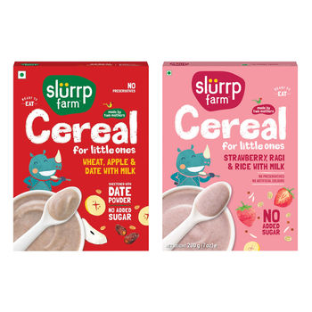 Slurrp Farm Cereal - Wheat, Apple & Date With Milkno Added Sugar No Powder 1 Pcs(1pc) & Slurrp Farm Ragi Rice Strawberry Instant Healthy Cereal, Mildly Sweetened With Date Powder, 200 Gm(200gms) Combo