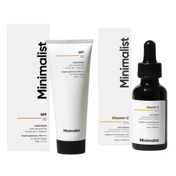 Vitamin C 10% Face Serum For For Brighter, Glowing & Healthy Looking Skin(10ml) & Minimalist Spf 50 Pa++++ Multi- Vitamin Sunscreen Broad Spectrum No- White Cast Light Weight For Men & Women(50ml) Combo
