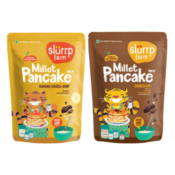 Slurrp Farm Millet Eggless Pancake Mix With Banana Choco Chip No Maida, Healthy Breakfast For Kids & Adults, 150 Gm(150gms) & Slurrp Farm Millet Eggless Pancake Mix With Chocolate No Maida, Healthy Breakfast For Kids & Adults, 150 Gm(150gms) Combo