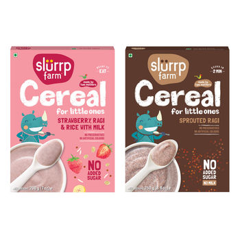Slurrp Farm Ragi Rice Strawberry Instant Healthy Cereal, Mildly Sweetened With Date Powder, 200 Gm(200gms) & Slurrp Farm No Added Sugar, No Salt, Sprouted Ragi Powder, No Milk, 250 Gm(250gms) Combo