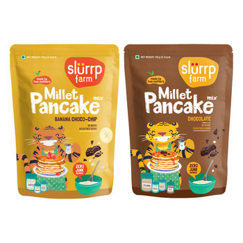 Slurrp Farm Millet Eggless Pancake Mix With Chocolate No Maida, Healthy Breakfast For Kids & Adults, 150 Gm(150gms) & Slurrp Farm Millet Eggless Pancake Mix With Banana Choco Chip No Maida, Healthy Breakfast For Kids & Adults, 150 Gm(150gms) Combo