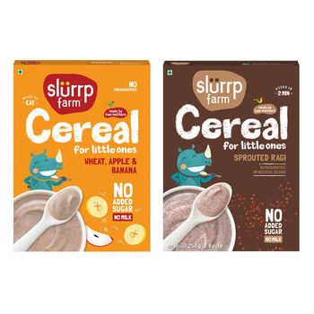 Slurrp Farm No Added Sugar Cereal - Ragi, Rice And Mango With Milk, No Preservatives, Made With Multigrain Millets, 200 Gm(200gms) & Slurrp Farm Cereal - Wheat, Apple & Date With Milkno Added Sugar No Powder 1 Pcs(1pc) Combo