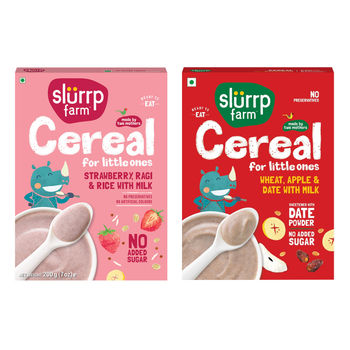 Slurrp Farm Ragi Rice Strawberry Instant Healthy Cereal, Mildly Sweetened With Date Powder, 200 Gm(200gms) & Slurrp Farm Cereal - Wheat, Apple & Date With Milkno Added Sugar No Powder 1 Pcs(1pc) Combo