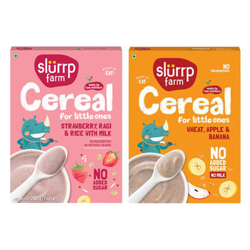 Slurrp Farm Wheat Apple And Banana Instant Healthy Cereal 100% Natural | No Added Sugar | No Milk (300g) & Slurrp Farm Ragi Rice Strawberry Instant Healthy Cereal | Mildly Sweetened With Date Powder (200g) Combo