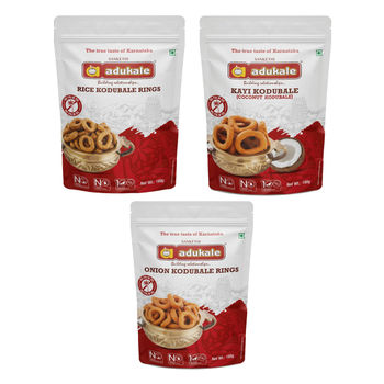 Adukale Adukale Onion Kodubale 180.0 Gram (180g) & Adukale Kayi Kodubale (Coconut Kodubale) 180.0 Gram (180g) & Adukale Rice Kodubale Rings 180.0 Gram (180g) Combo