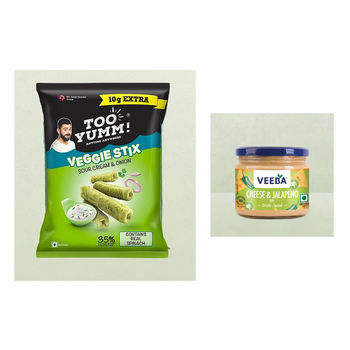 Too Yumm! Sour Cream & Onion Veggie Stix | Munching Snack | On-The-Go Munchies(75gms) & Veeba Cheese And Jalapeno Dip(300gms) Combo