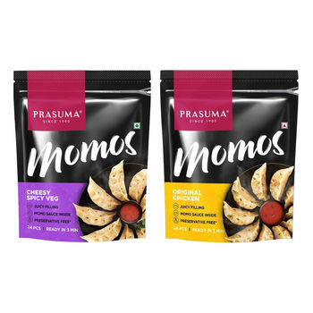 Prasuma Momos Cheesy Spicy Veg(24pc) & Prasuma Momos Original Chicken(24pc) Combo