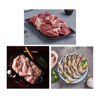 Relish Chicken Curry Cut Without Skin(500gms), Relish Goat Curry Cut(370gms) & Relish Prawns Peeled & Deveined(300gms) Combo