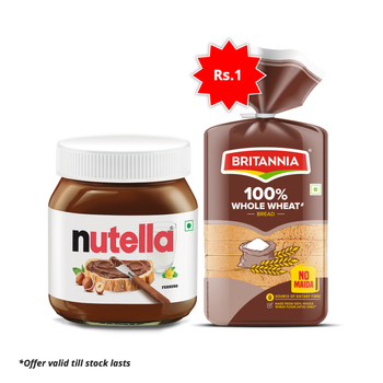 Nutella Hazelnut Spread With Cocoa (350g) & Britannia 100% Whole Wheat Bread (No Maida) (400g) Combo