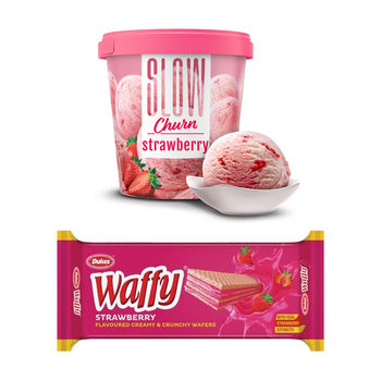 Slow Churn Strawberry Ice Cream Tub(500ml) & Dukes Waffy Strawberry Wafers(60gms) Combo