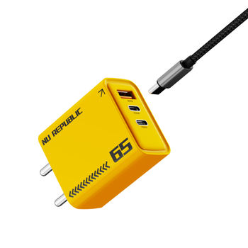 Nu Republic Cybotron 65W Gan Superfast Wall Charger with Type-C To Type-C Cable (Yellow)
