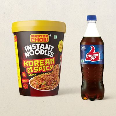 Masterchow Instant Cup Noodles - Korean 2X Spicy Flavour(100gms) & Thums Up Soft Drink(750ml) Combo