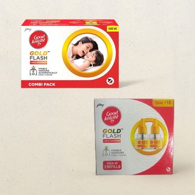 Good Knight Gold Flash Mosquito Repellent Refill + Machine(45ml) & Good Knight Gold Flash 2 Refills Pack(90ml) Combo
