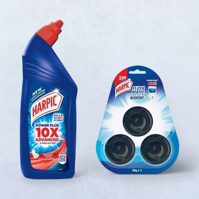 Harpic Disinfectant Toilet Cleaner Liquid Original(1l) & Harpic Flushmatic In-Cistern Toilet Cleaner Blocks Marine(150gms) Combo