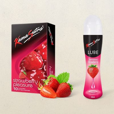 Kama Sutra Strawberry Pleasure Flavoured Condoms(10pc) & Kama Sutra Personal Lube Strawberry(50ml) Combo