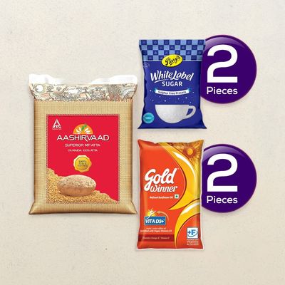 Aashirvaad Superior MP Atta(5kg), Goldwinner Refined Sunflower Oil(1l) & Parrys White Label Sugar(1kg) Combo