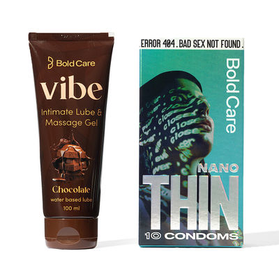 Bold Care Vibe - Chocolate Flavoured Water-Based Intimate Lube (100ml) & Bold Care 404 Super Nano Thin Condoms For Men (10pc) Combo